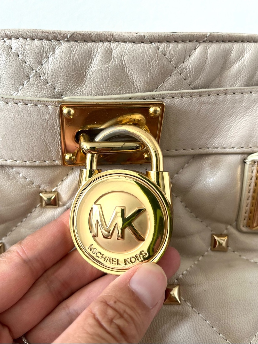 Michael Kors Hamilton Quilted Cream Leather Satchel with Gold Studs - Picture 7 of 16